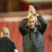 VICTORY: Caretaker coach Joseph Laumann applauds the home fans after his side's 2-1 win over Derby County