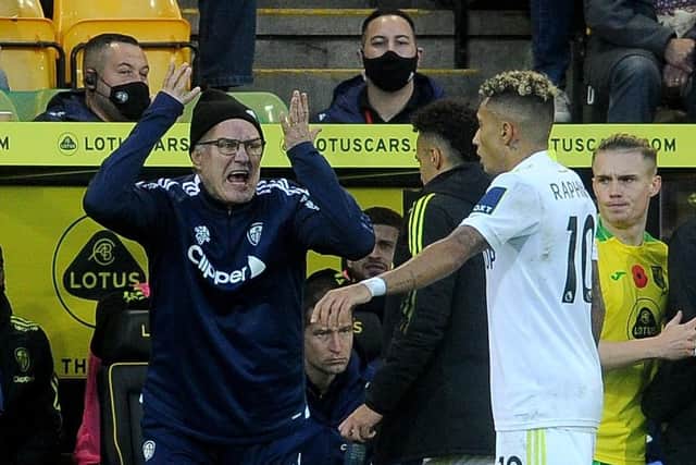 Marcelo Bielsa shouts at Raphinha during Leeds United's much-needed win at Norwich (Picture: Simon Hulme)