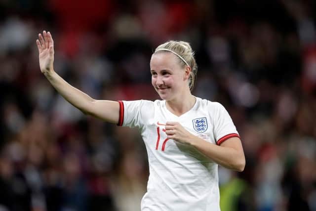 Beth Mead of England shows appreciation to the fans after the FIFA Women's World Cup 2023 Qualifier group D match between England and Northern Ireland at Wembley in which she scored a hat-trick (Picture: Henry Browne/Getty Images)