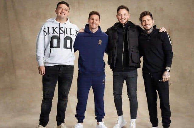 Lionel Messi wearing Messi x SikSilk, with SikSilk's founders Sam Kay, left, Baz Gill and David Thompson.