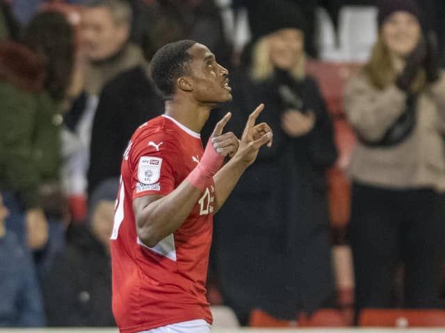 Barnsley's Victor Adeboyejo celebrates his  first-half equaliser against Derby County. Picture: Tony Johnson