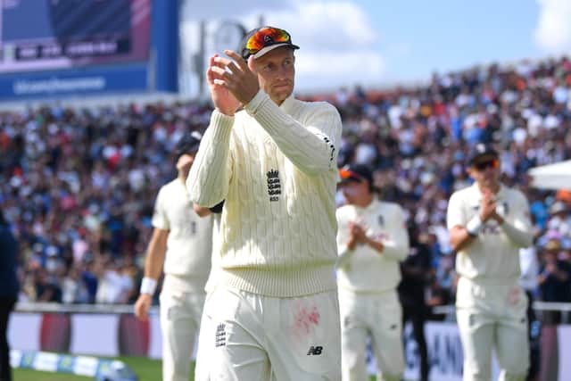England captain Joe Root applauds the crowd after victory in the Third Test Match between England and India at Headingley last year. (Photo by Gareth Copley/Getty Images)