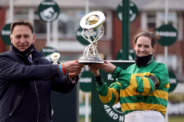 Henry de Bromhead and Rachael Blackmroe celebrate the Grand National win of Minella Times.