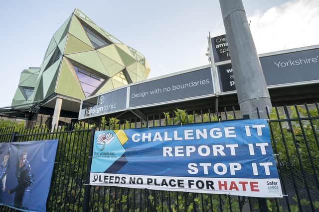 A Yorkshire County Cricket Club...sign that reads "Challenge it. Report it. Stop it. Leeds no place for hate" outside Yorkshire County Cricket Club's Headingley Stadium in Leeds. The club is facing mounting pressure from concerned politicians and departing sponsors after former England batter Gary Ballance has confessed to using "a racial slur" against his ex-Yorkshire team-mate Azeem Rafiq.