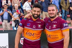Batley Bulldogs' Jodie Broughton, left, and James Brown after the Championship semi-final loss against Toulouse Olympique - the last game of Broughton's 13 year professional career.