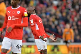 Barnsley striker Aaron Leya Iseka shows his angst. Picture: Bruce Rollinson.