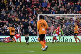 Hull City's George Honeyman puts City in front at Oakwell. Picture: Bruce Rollinson.
