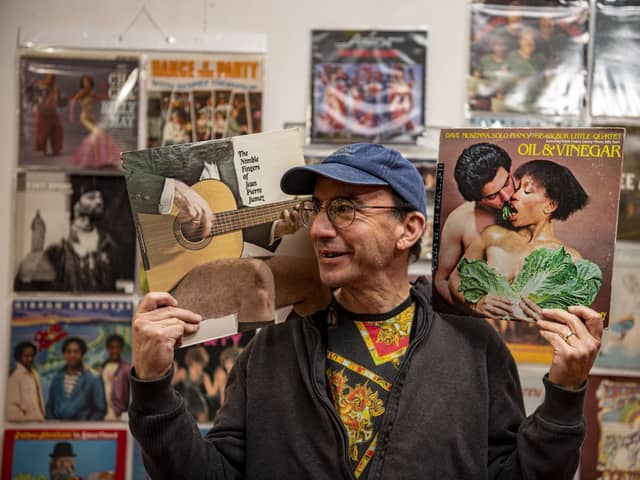Steve Goldman with his record collection of the Worst Album Covers as he exhibits them at Piazza Shopping Centre in, Huddersfield. Picture Tony Johnson
