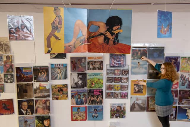 Steve Goldman with his record collection of the Worst Album Covers as he exhibits them at Piazza Shopping Centre in, Huddersfield. Picture Tony Johnson