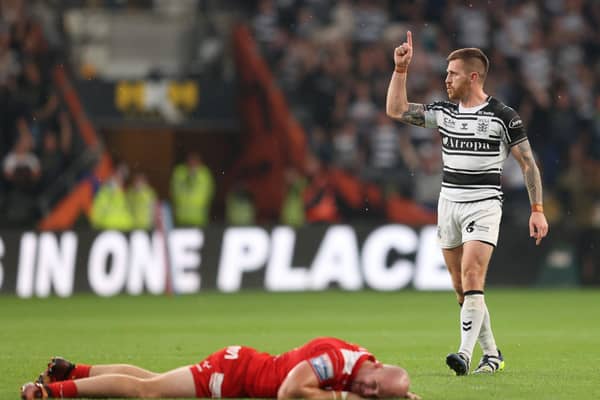 Black and White hero: Marc Sneyd after scoring the winning goal against Hull KR last August, has played his last game for Hull FC and joined Salford Red Devils. Picture by John Clifton/SWpix.com
