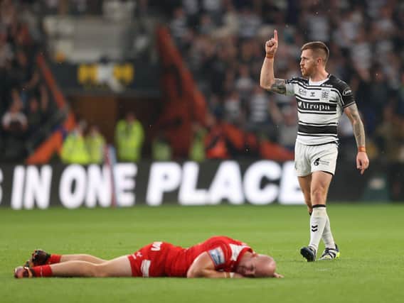 Black and White hero: Marc Sneyd after scoring the winning goal against Hull KR last August, has played his last game for Hull FC and joined Salford Red Devils. Picture by John Clifton/SWpix.com
