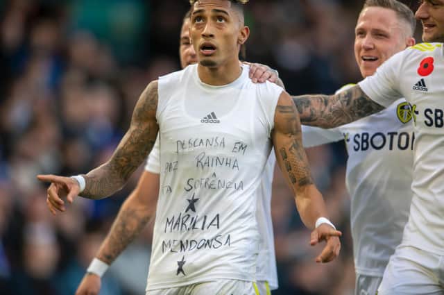 TRIBUTE: Raphinha pays his respects to Brazilian singer Marilia Mendonca after scoring Leeds United's goal