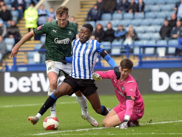 Late penalty shout as Argyle pair of Dann Scarr and Michael Cooper challenge Owls' Olamide Shodipo.   Picture: Steve Ellis