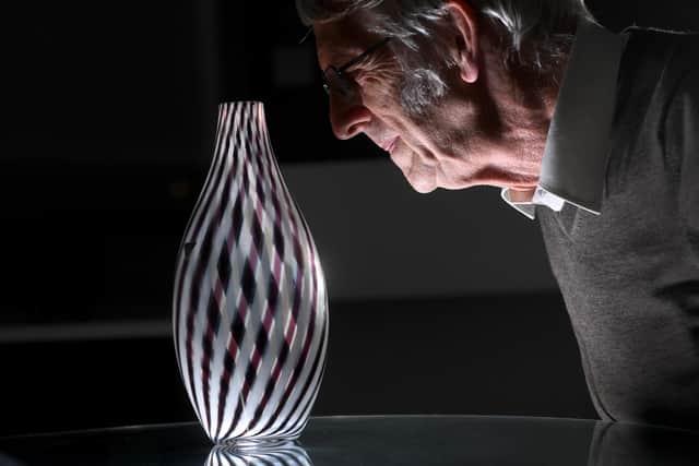Prof John Parker with exhibits at the Turner Museum of Glass. Image: Simon Hulme