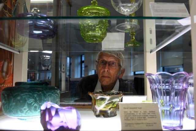 Prof John Parker with exhibits at the Turner Museum of Glass. Image: Simon Hulme