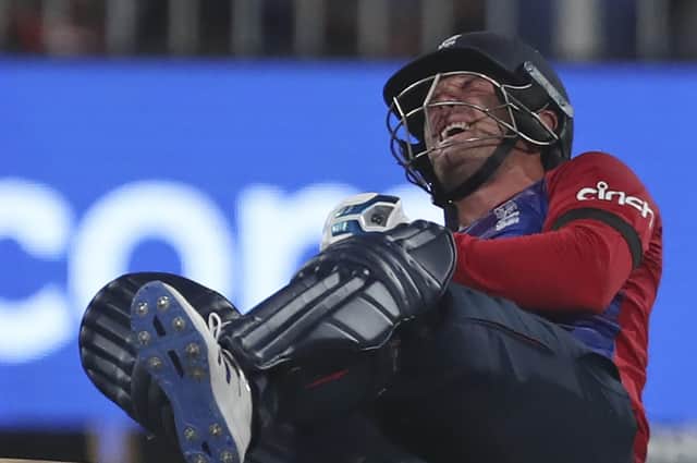 Anquish: England’s Jason Roy reacts in pain during the final T20 World Cup group game between England and South Africa. (AP Photo/Aijaz Rahi)