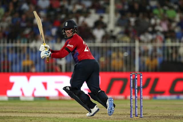 England's Jason Roy follows the ball after playing a shot during the Cricket Twenty20 World Cup match between England and South Africa in Sharjah (AP Photo/Aijaz Rahi)