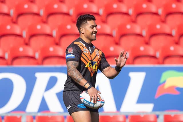 osaia Feki on his Castleford Tigers debut in the Challenge Cup game against Hull FC in September 2020. He suffered a knee injury and has not played since. (ALLAN MCKENZIE/SWPIX)