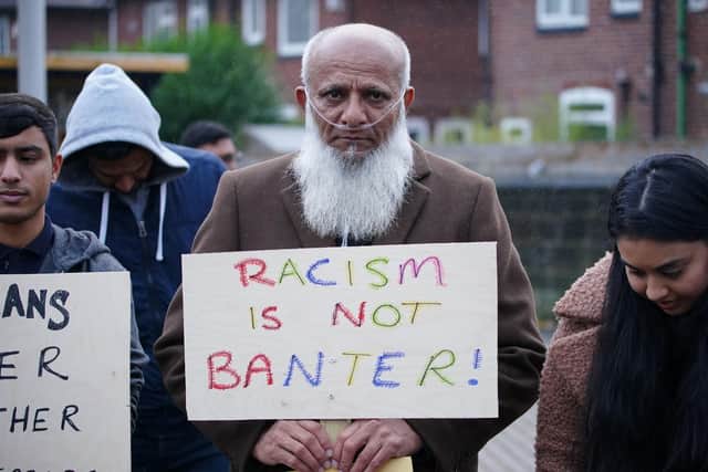 Racism is not banter - campaigners protest  outside Headingley as the Azeem Rafiq scandal deepens.