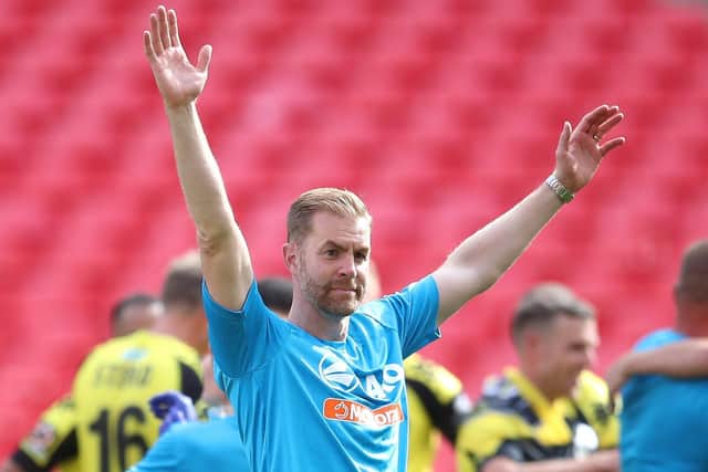 Harrogate Town manager Simon Weaver celebrates after the final whistle at the National League play-off final at Wembley. Picture: Adam Davy/PA