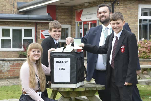 Megan Baxter, Riley Voase and Joel Cromie, students at Hornsea School and Language College, are pictured with Councillor Ben Weeks, chairman of East Riding of Yorkshire's children and young people overview and scrutiny committee.