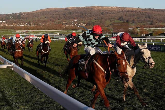 This was Brian Ellison's Nietzsche (near side) winning the 2017 Greatwood Hurdle at Cheltenham.