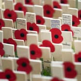 Rows of poppies on crosses are laid out in the Field of Remembrance outside Westminster Abbey in central London.