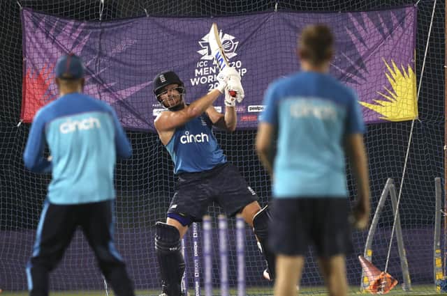 Smack: Jonny Bairstow in the nets in Abu Dhabi yesterday as England prepare for the T20 World Cup semi-final against New Zealand today. (Picture: AP Photo/Kamran Jebreili)