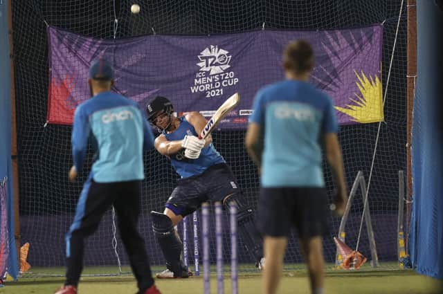 England's batsman, Jonny Bairstow, bats during a training session ahead of their tomorrow's semi-final match. (AP Photo/Kamran Jebreili)