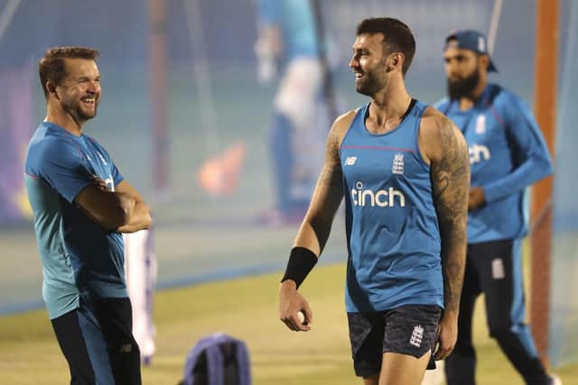 England's Reece Topley, 2nd right, gestures ahead of toda's semi-final match with New Zealand during the Cricket Twenty20 World Cup in Dubai. (AP Photo/Kamran Jebreili)