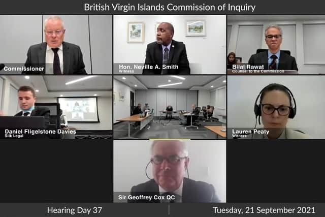 Video grab taken from the YouTube channel of BVI Commission of Inquiry of Conservative MP Sir Geoffrey Cox attending the British Virgin Islands Commission of Inquiry, where he was representing BVI Government ministers, remotely on September 21.