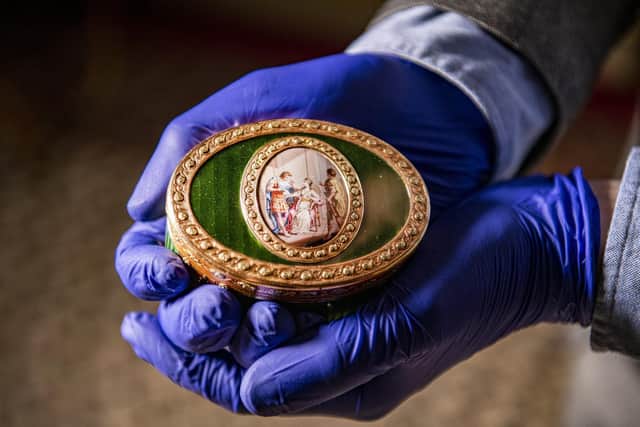 One of the golden snuff boxes which has been returned to Temple Newsam House in Leeds after being tracked down by the Art Loss Register. Picture Tony Johnson