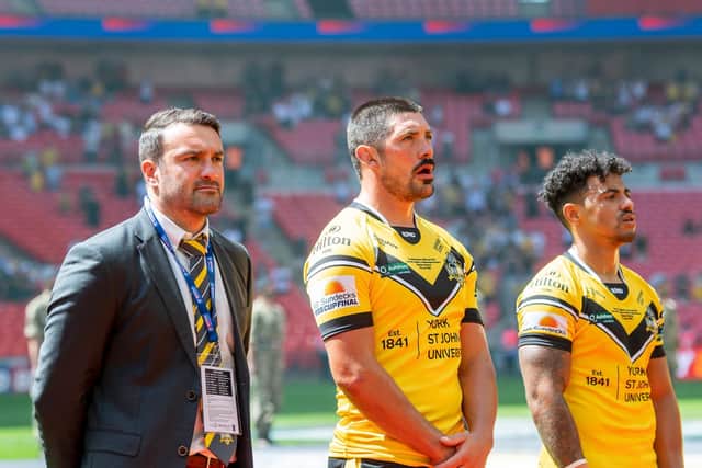 York City Knights head coach James Ford, at Wembley this year, with captain Chris Clarkson (middle), who is a former Leeds Rhinos team-mate of new assistant coach Brett Delaney. (Allan McKenzie/SWpix.com)