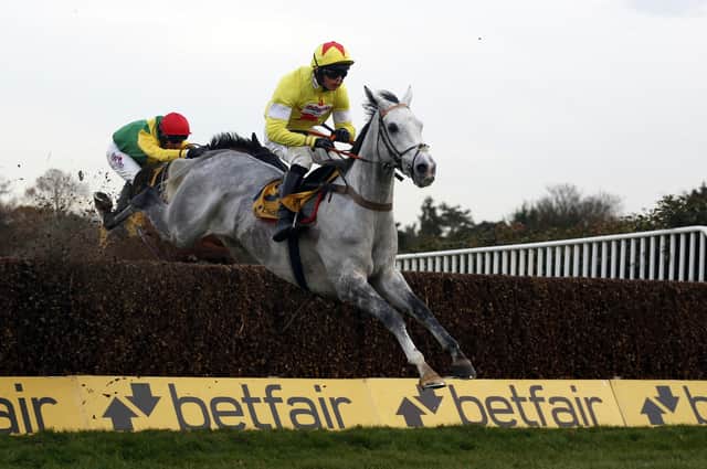 Politologue and Harry Cobden clear the last fence before going on to win the 2017 Betfair Tingle Creek Chase at Sandown.