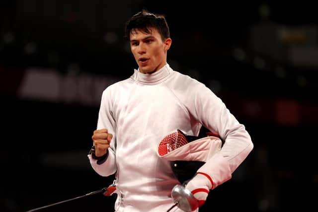 Great Britain's Joseph Choong celebrates during the fencing round of the Men's Modern Pentathlon at the Tokyo 2020 Olympic Games Picture: Dan Mullan/Getty Images