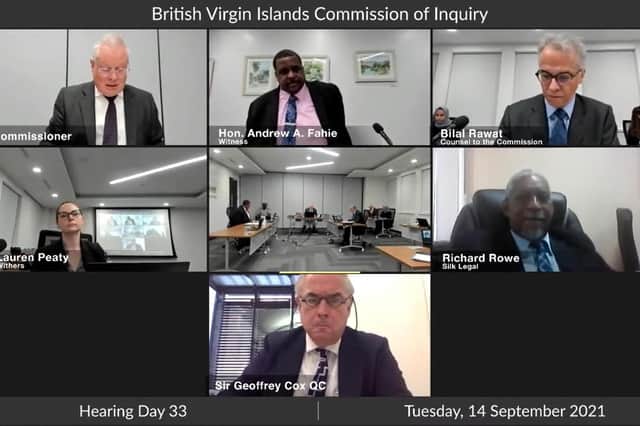 Video grab taken from the YouTube channel of BVI Commission of Inquiry of Conservative MP Sir Geoffrey Cox attending the British Virgin Islands Commission of Inquiry