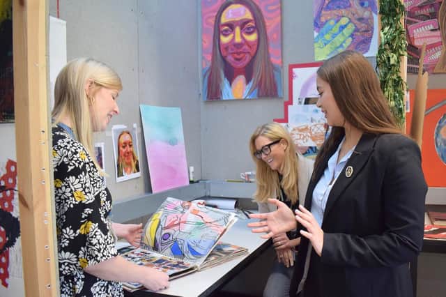 Shape the Future ambassador and governor Kate Groves with student Kim and art teacher Miss Robertson. Photo courtesy of Pocklington School.