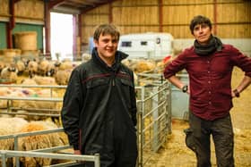 Simon Reeve with Angus, a young Cumbrian farmer. Picture: PA Photo/BBC/The Garden Productions/Jackson Wardle.