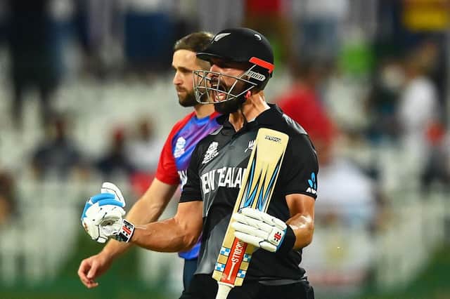 Final redemption?: New Zealand’s Daryl Mitchell celebrates their T20 World Cup semi-final victory over England at Sheikh Zayed stadium in Abu Dhabi yesterday. Mitchell top scored with an unbeaten 72 from 44 balls. Picture: Alex Davidson/Getty Images