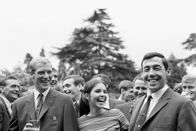 File photo dated 12-07-1966 of England's Ron Flowers (l) and Gordon Banks (r) share a joke with actress Vivien Ventura (c). Flowers, who was a member of the 1966 World Cup-winning squad, has died at the age of 87, the Football Association has announced.