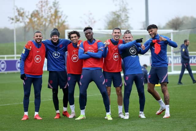 ALL SMILES: England players in training ahead of tonight's meeting with Albania. Picture: Getty Images.