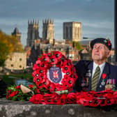 Act of Remembrance held at the North Eastern Railway War Memorial in York. Pictured Ken Cooke, aged 96, of York, one of Yorkshire's few remaining Normandy war veterans stands in remembrance to his fallen colleagues. Writer: James Hardisty