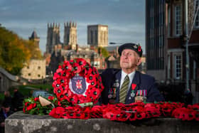 Act of Remembrance held at the North Eastern Railway War Memorial in York. Pictured Ken Cooke, aged 96, of York, one of Yorkshire's few remaining Normandy war veterans stands in remembrance to his fallen colleagues. Writer: James Hardisty