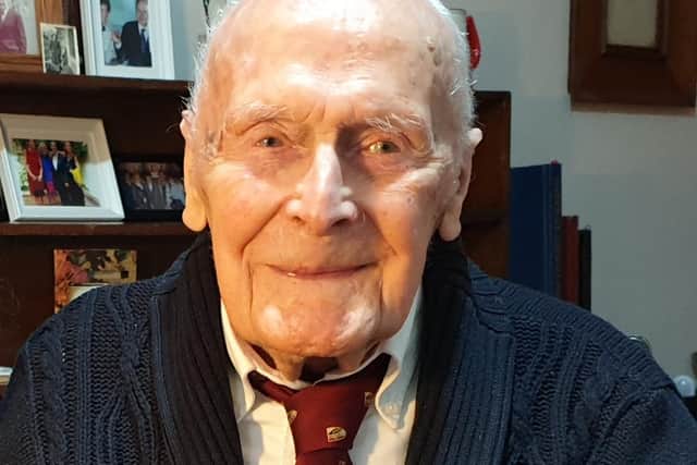 Charles Courtenay Lloyd, Spring 2019, wearing his Selwyn College tie when he was visited by Cambridge University to honour his 100th year as their oldest living alumni. Image from family's collection.