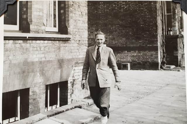 Charles Courtenay Lloyd, walking the streets of Cambridge as a new teacher on the spy courses in the early 50's. His daughter highlights the socks over his trousers, as he usually rode a bicycle. Image from family's collection.