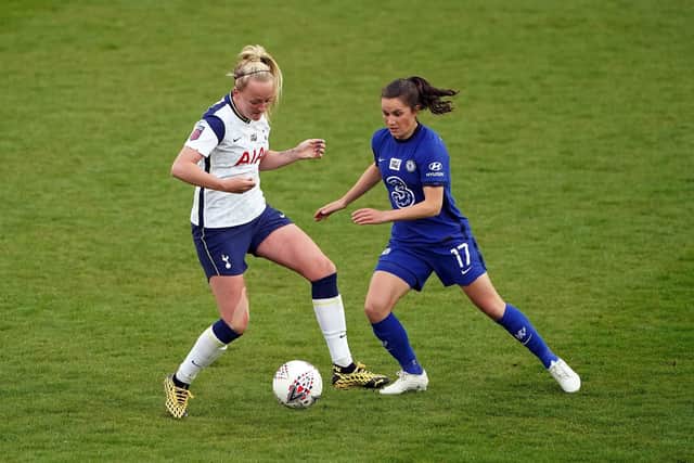 Chelsea's Jessie Fleming and Tottenham Hotspur's Chloe Peplow (left) battle for the ball during the FA Women's Super League match at The Hive Stadium. Picture: Zac Goodwin/PA