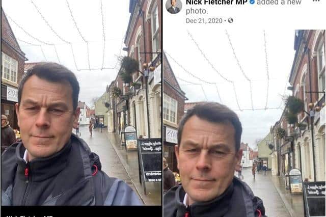Conservative MP Nick Fletcher has appeared to post the same selfie of his visit to Thorne three times.