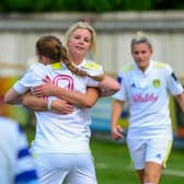 Laura Bartrup: Celebrates a goal for Leeds United Women with team-mate Hannah Freibach. (Picture: James Hardisty)