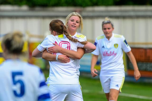 Laura Bartrup: Celebrates a goal for Leeds United Women with team-mate Hannah Freibach. (Picture: James Hardisty)