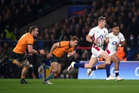 England's Freddie Steward on his way to a his first try for his country. (Mike Hewitt/Getty Images)